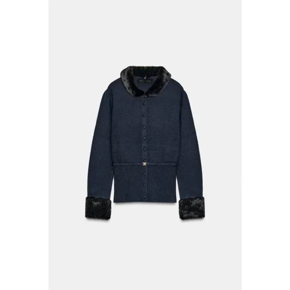 ZARA CONTRAST KNIT FAUX FUR CARDINGAN - Picture 6 of 9